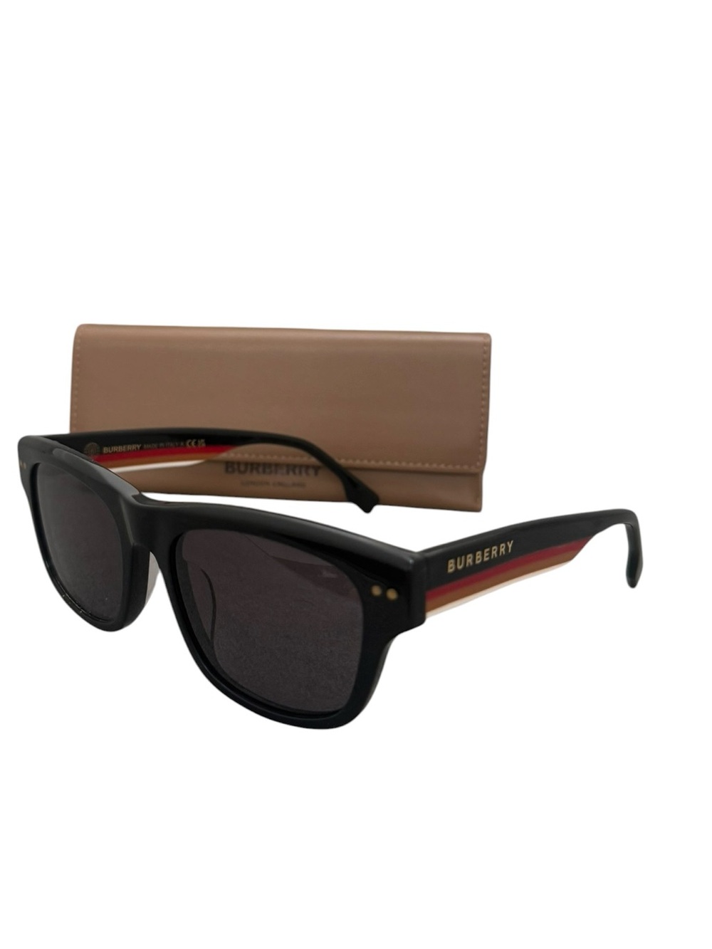 NWOT Authentic Burberry Black Sunglasses with Red & Beige Accent Stripe
